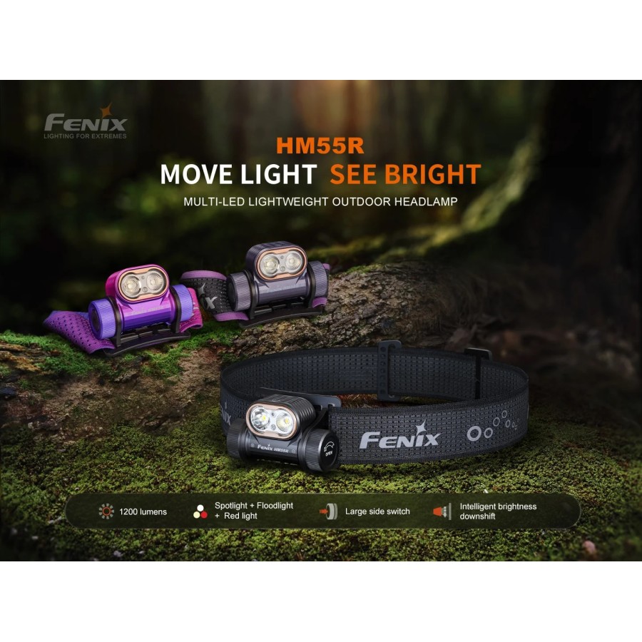 FENIX HM55R LAMPADA FRONTALE MULTI-LED LEGGERA PER ESTERNI - 1200 LUMEN - VIOLA NEBULA